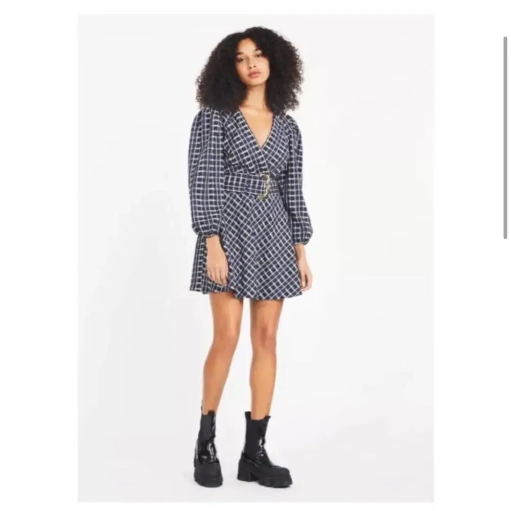 NWT Tanya Taylor Nicola Puff-Sleeve Belted Check Mini Dress - Picture 5 of 10